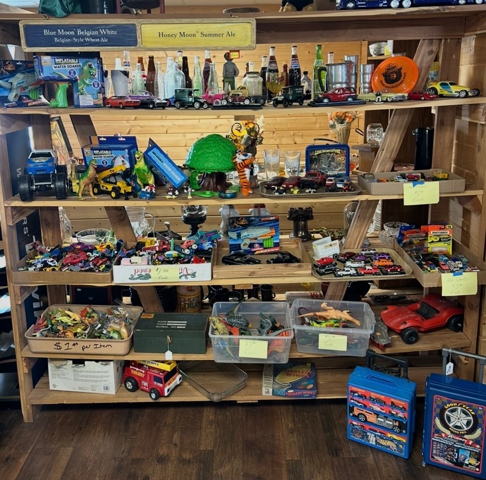 Shelves filled with vintage toys, Hot Wheels, and dinosaurs